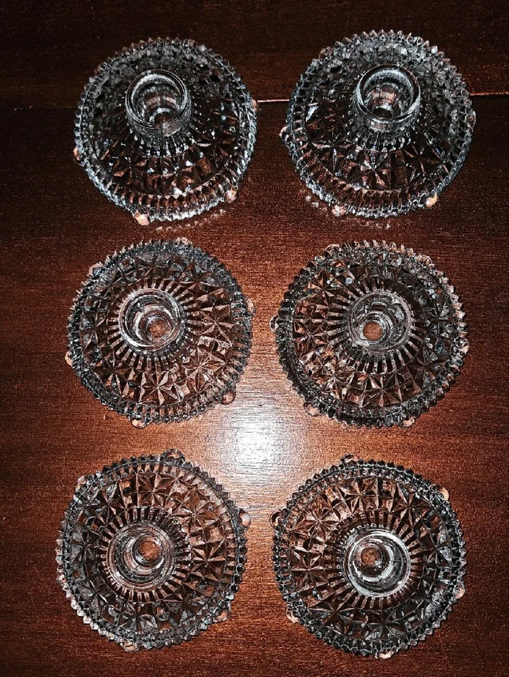 Set of 6 Footed Pressed Cut Glass Candle Stick Holders - Wedding Centerpiece